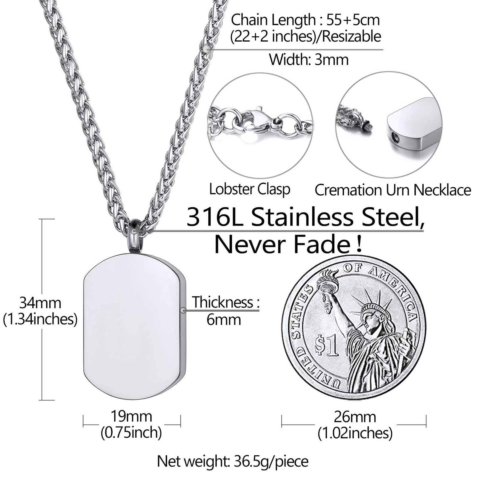 Military Dog Tag Cremation Jewelry For Ashes Human Pets Stainless Steel Urn N…