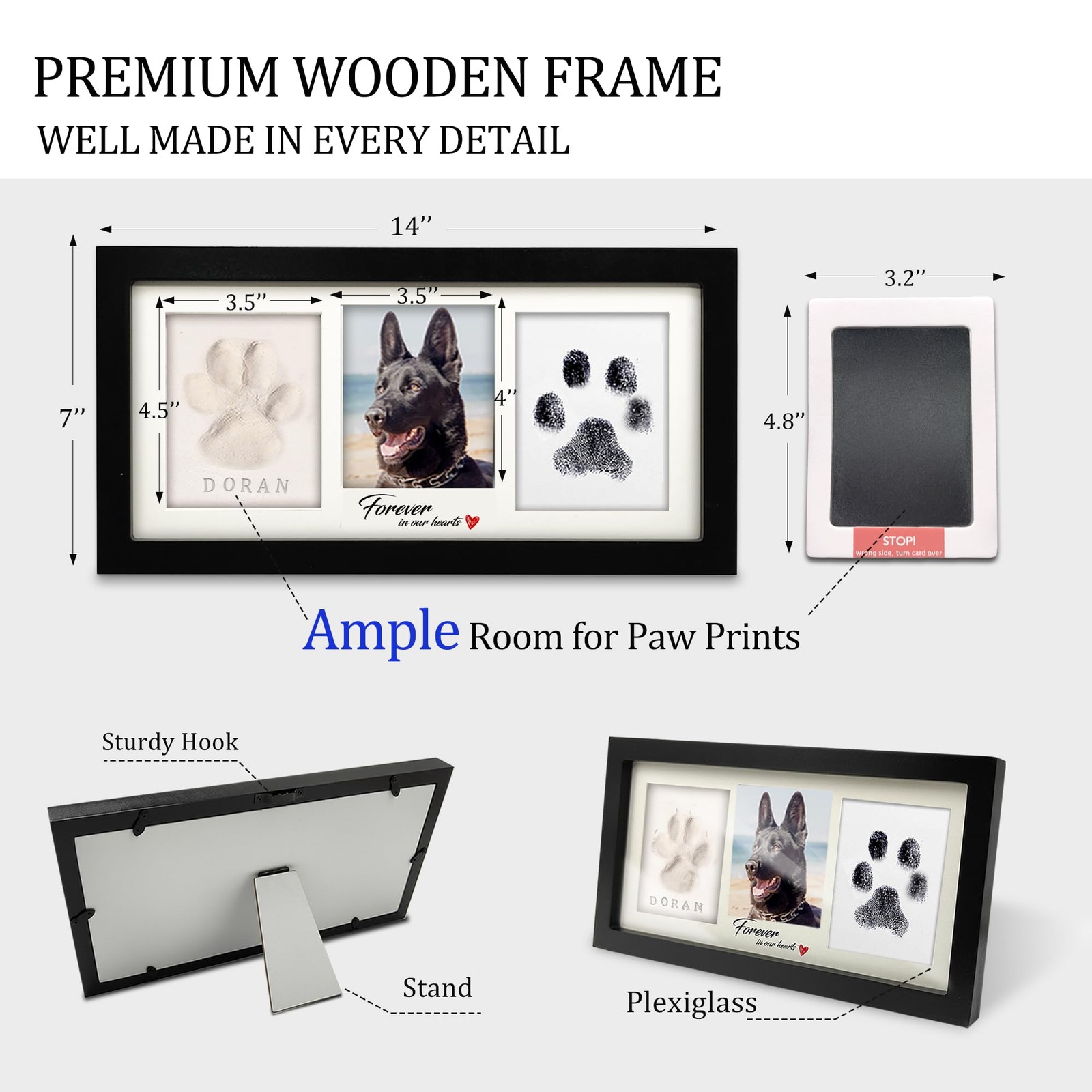 Paw Print Frame Kit Dog/Cat Soft Clay Touch Ink Pad Pet Memorial Box Black