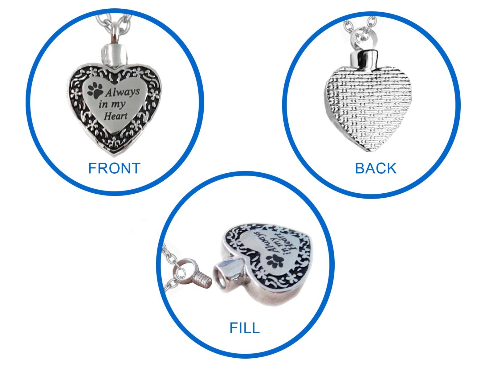 Always In My Heart Pet Keepsake Urn Interchangeable Necklace or Key Ring
