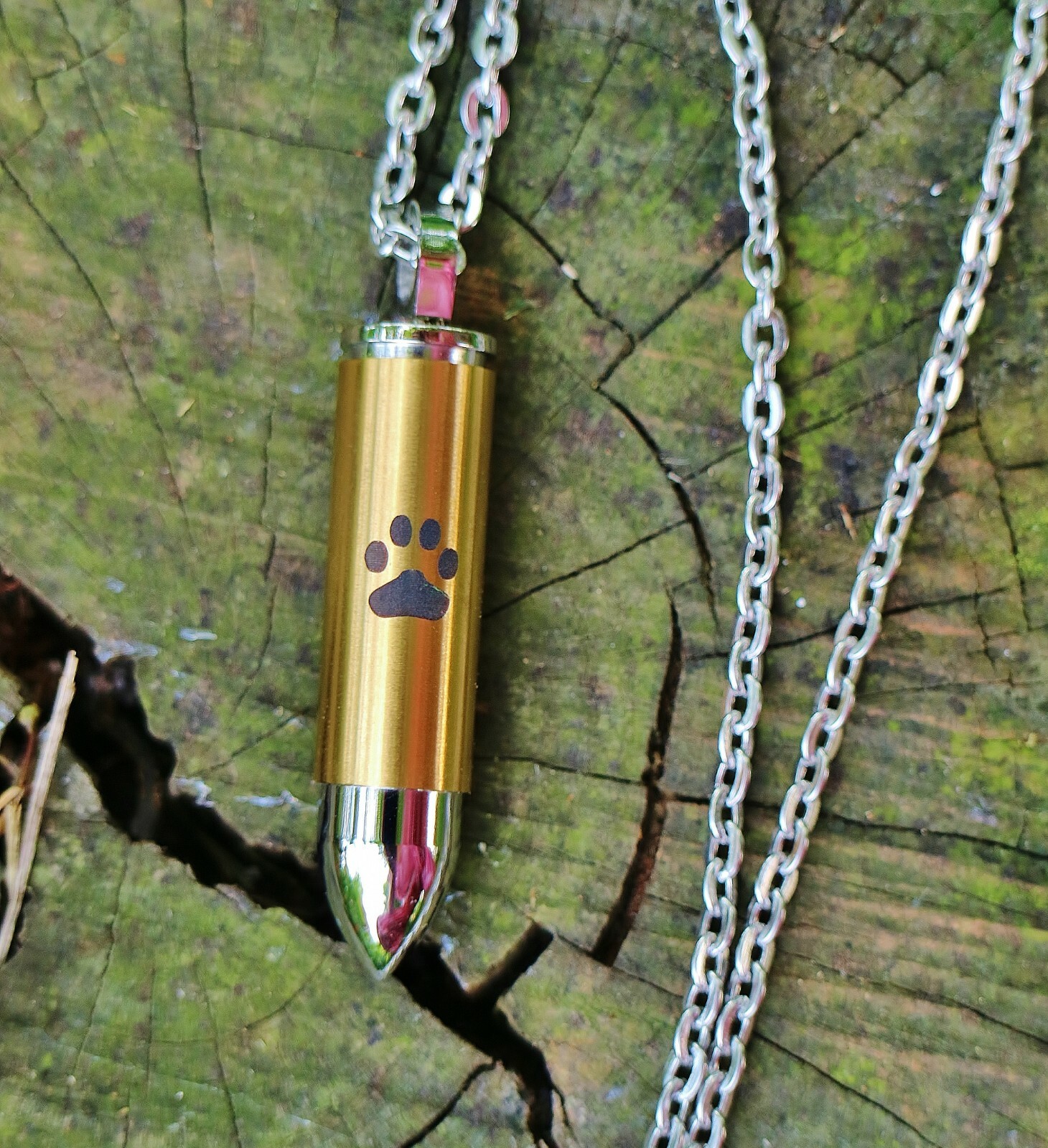 Mens Bullet Cremation Necklace Pendant Urn 4 Ashes LARGE VIAL Pet Paw Print Dog