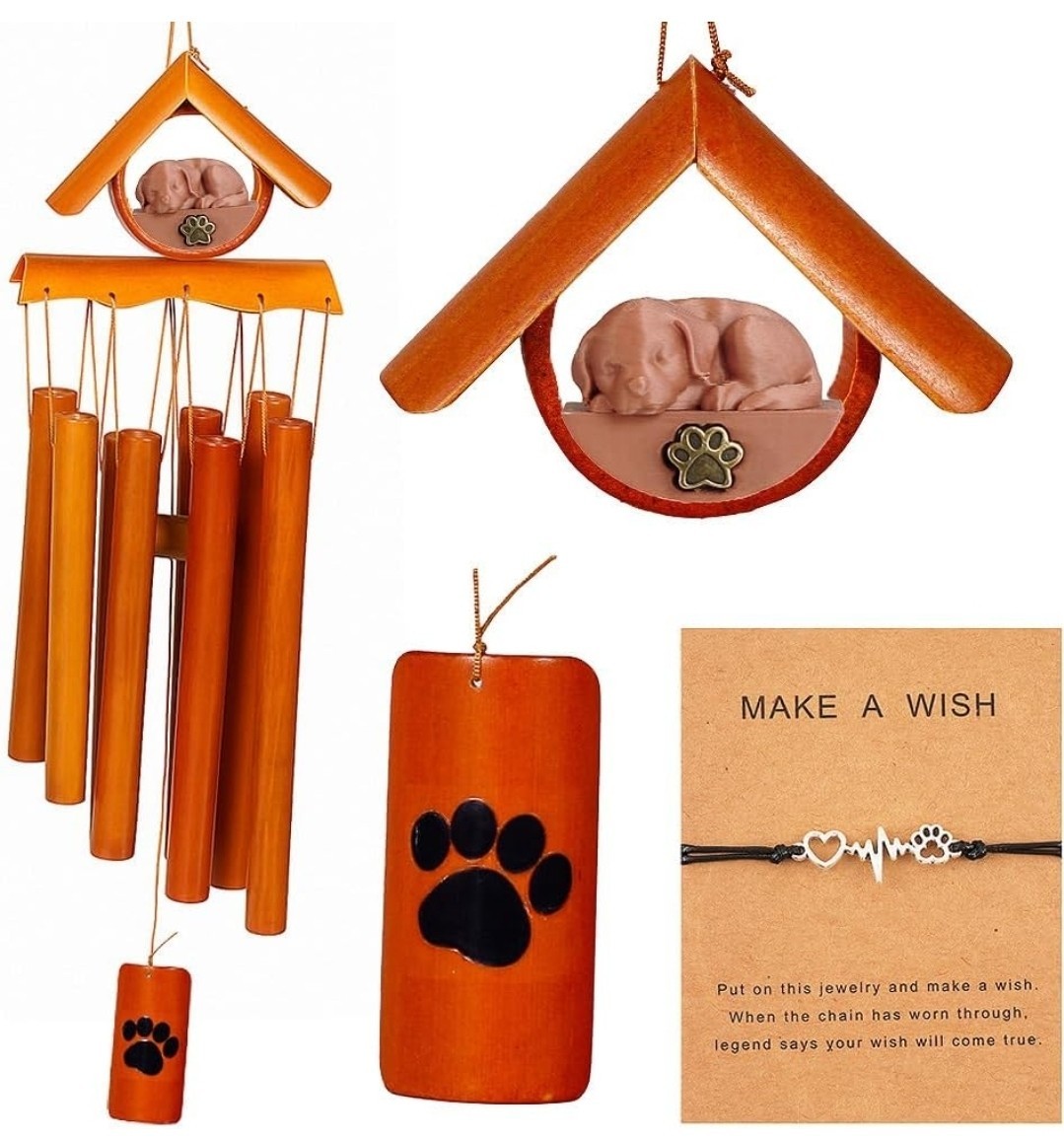 Bamboo Pet Memorial Wind Chimes with Bracelet Dog Memorial Gifts for Loss of Dog
