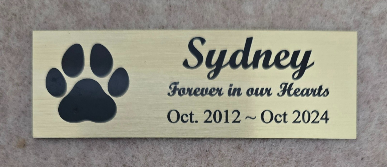 1×3 Custom Engraved Sublimated Pet Dog Memorial, Gold Color Plate Plaque