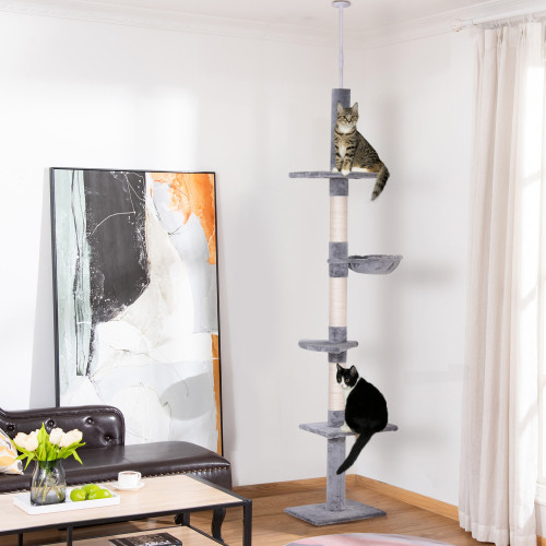 9 Foot Adjustable Height Floor To Ceiling Vertical Cat Tree – Grey And White
