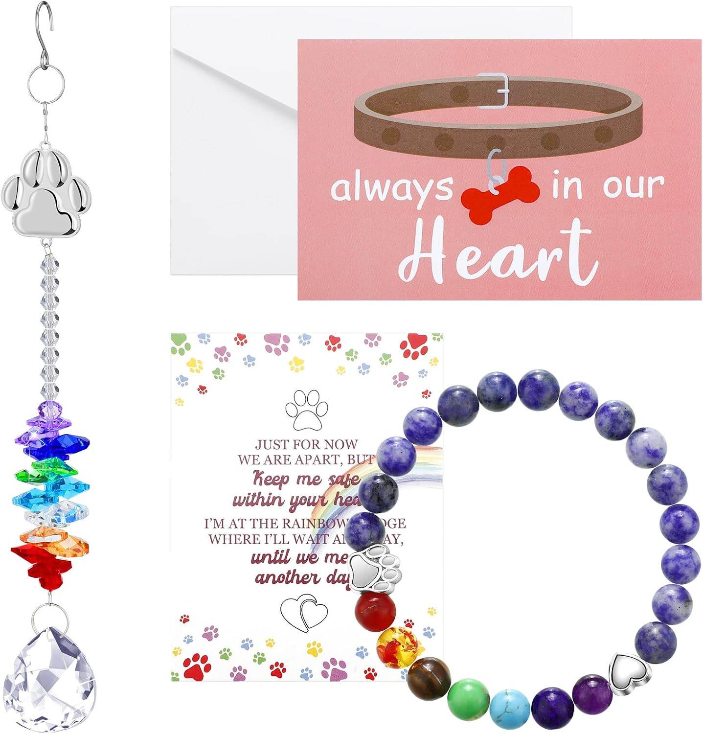 5 Pcs Rainbow Pet Memorial Gifts Set Includes Paw Print Crystal Sun Catcher, Dog