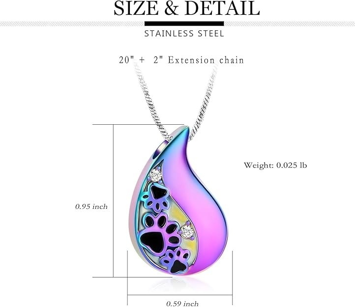 Pet Paw Print Teardrop Urn Necklace for Ashes for Dog/Cat Ashes Keepsake Memo…