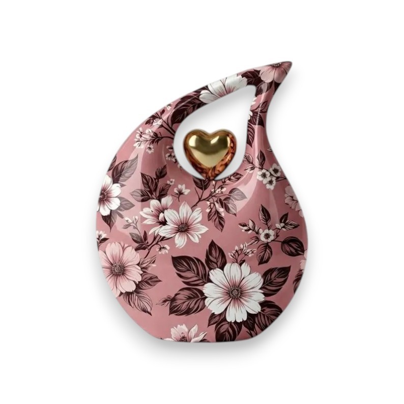 Pink Floral Metal Teardrop Cremation Urn for Adult Human Ashes 200 Cu In Earns..