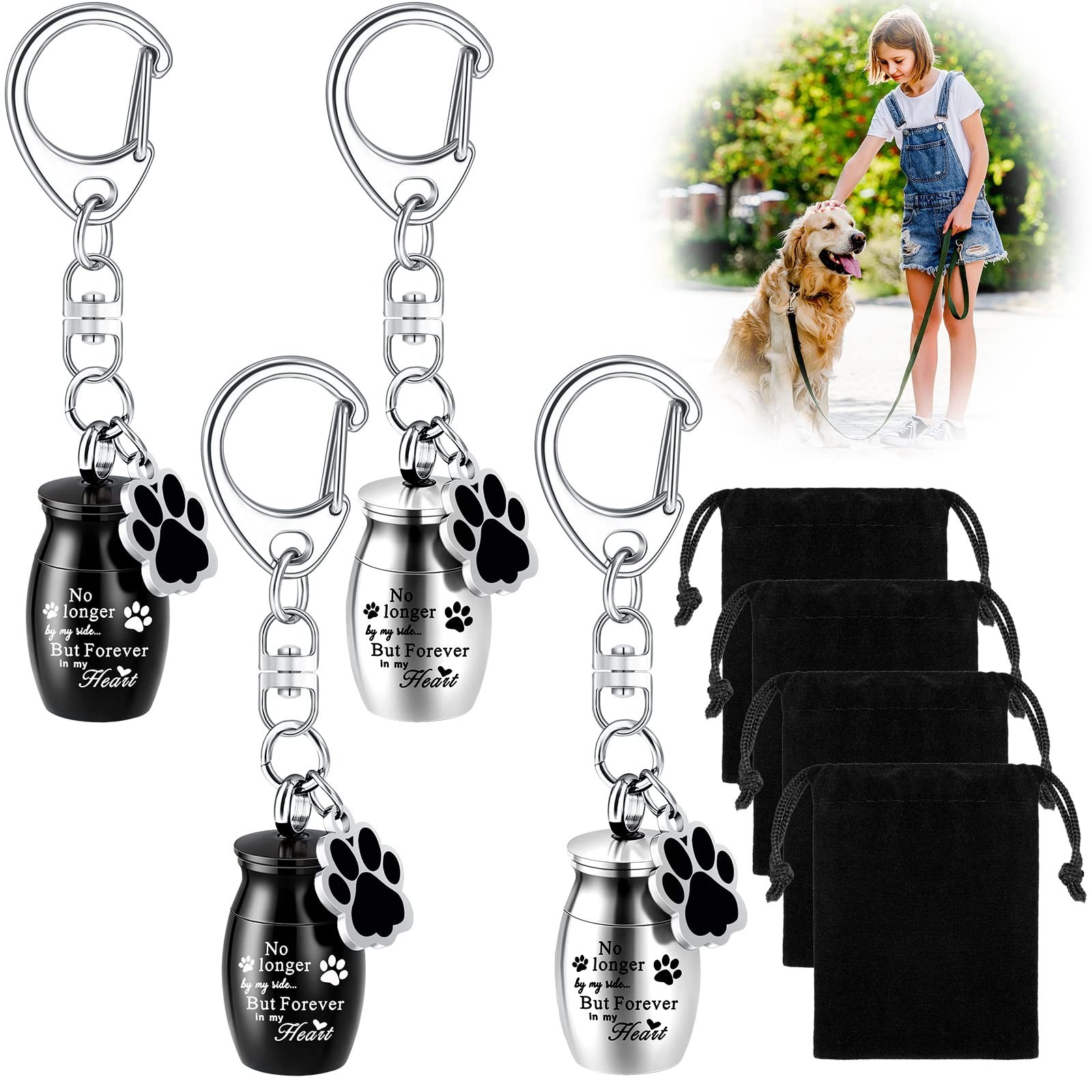 4 Pcs Pet Ashes Keychain – Stainless Steel Dog Paw Charm Keepsake Urn with Bags