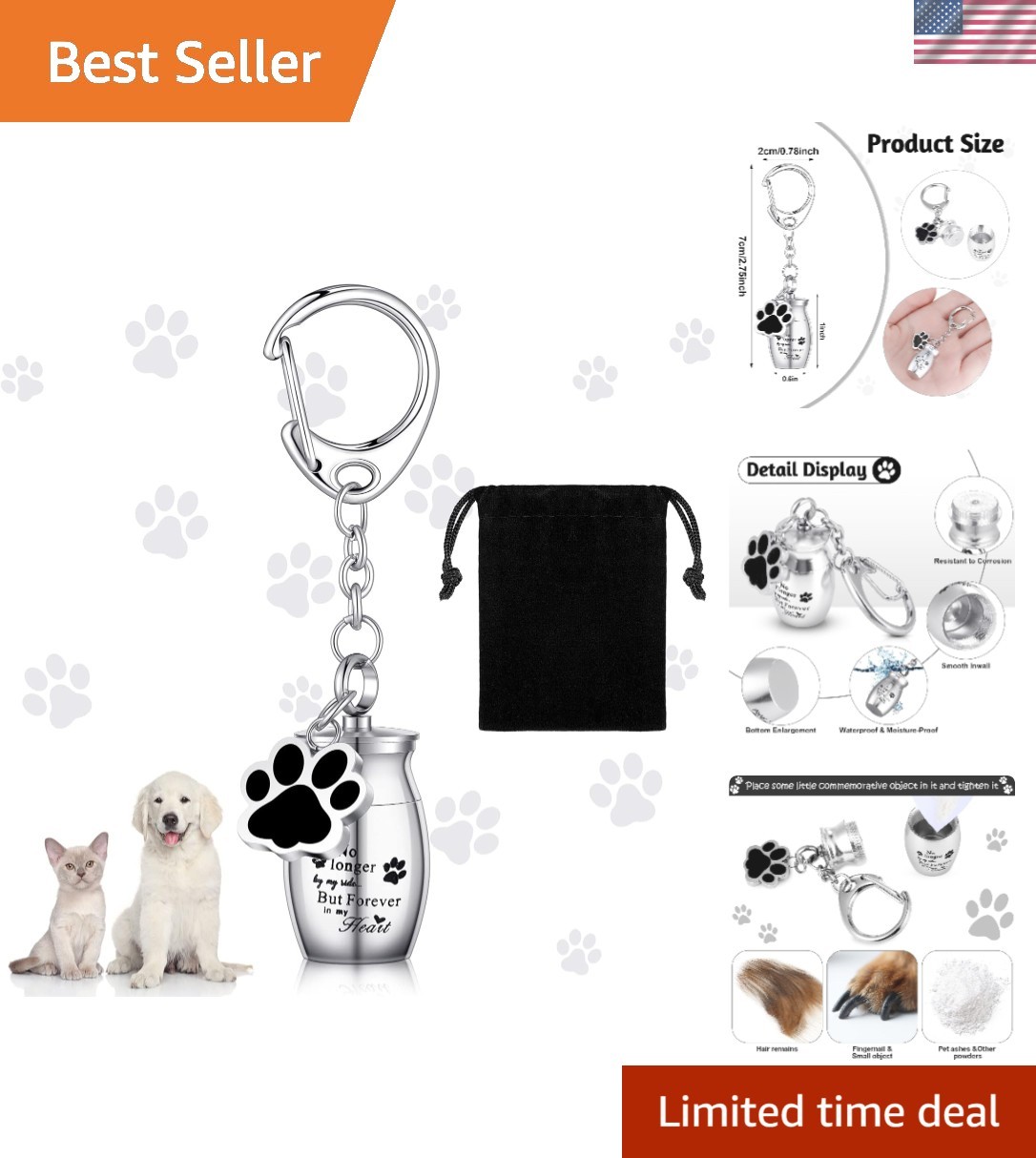 Elegant Stainless Steel Pet Urn Keychain with Paw Design – Keepsake Jewelry