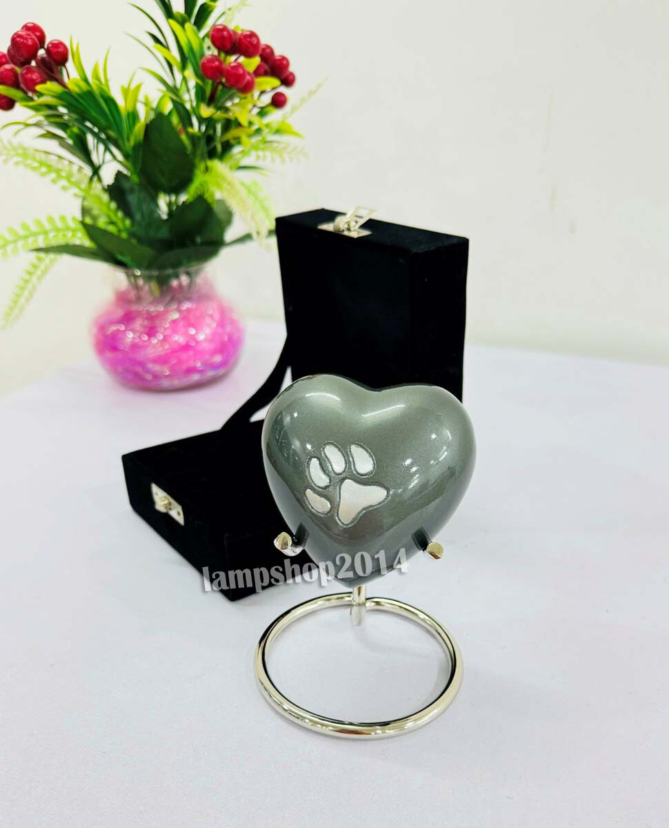 Dark Grey Heart Urn Paw Print Memorial Urn for Ashes-Pet Small Urn w/Box & Stand