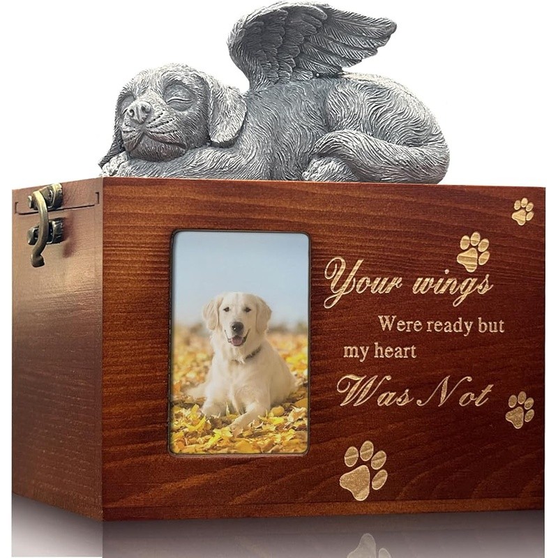 Wooden Pet Ashes Urn Memorial Keepsake Box W/ Photo Frame Beloved Dogs New