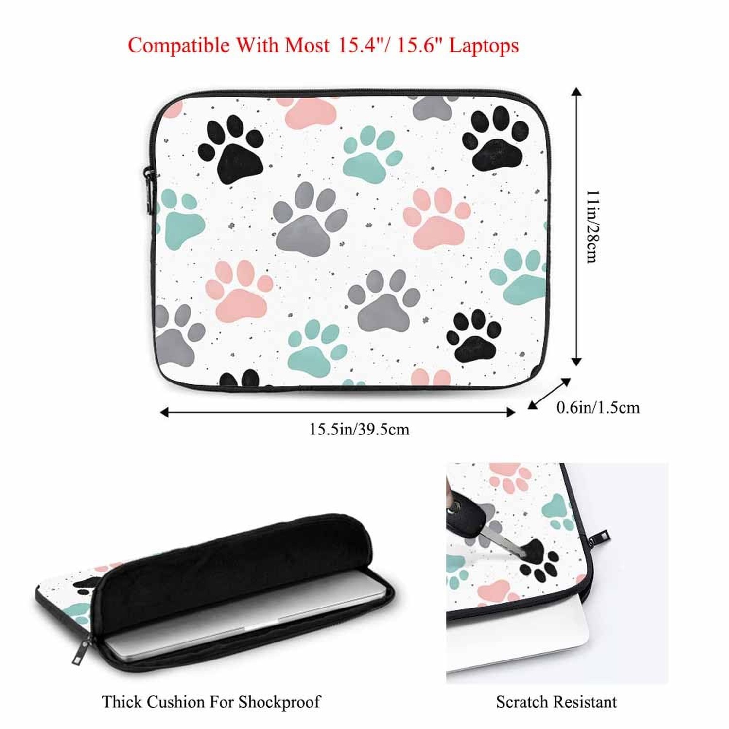 Laptop Sleeve Bag 15.4 15.6 Inch,Dog Paw Prints Colorful Dog Footprint Protec…