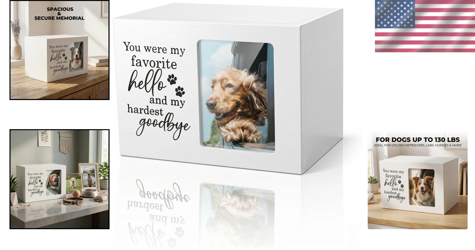 Sympathy Urn for Dog Loss White Wooden Pet Memorial Box with Photo Insert