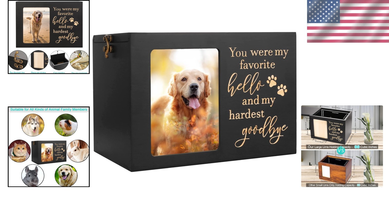 Personalized Pet Cremation Urn with Black Flannel & Photo Display, Large Size