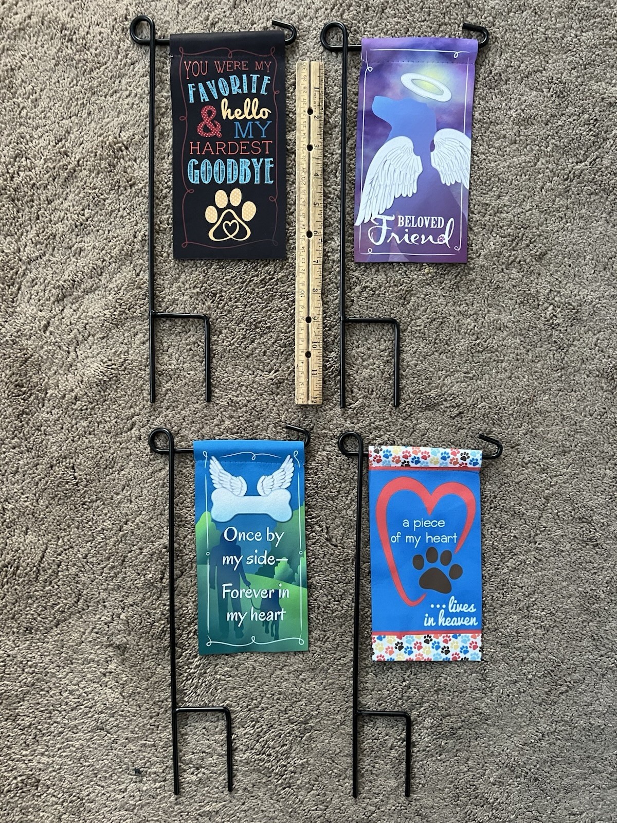 4 Different 8 in x 4 in Pet Remembrance Grave Marker Memorial Flags w/Stands NEW