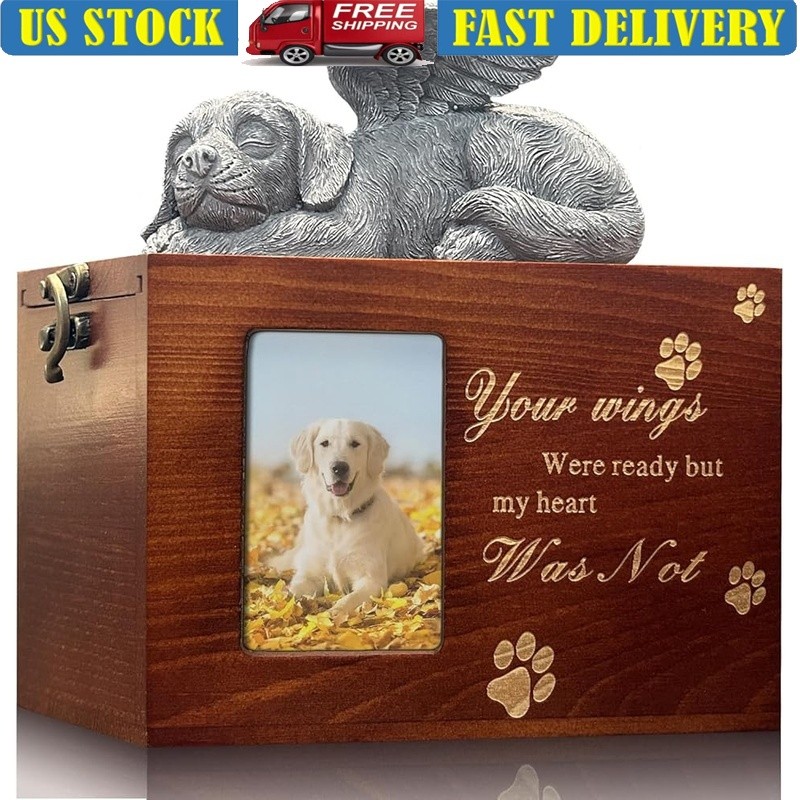 Wooden Pet Ashes Urn Memorial Keepsake Box W/ Photo Frame Beloved Dogs New