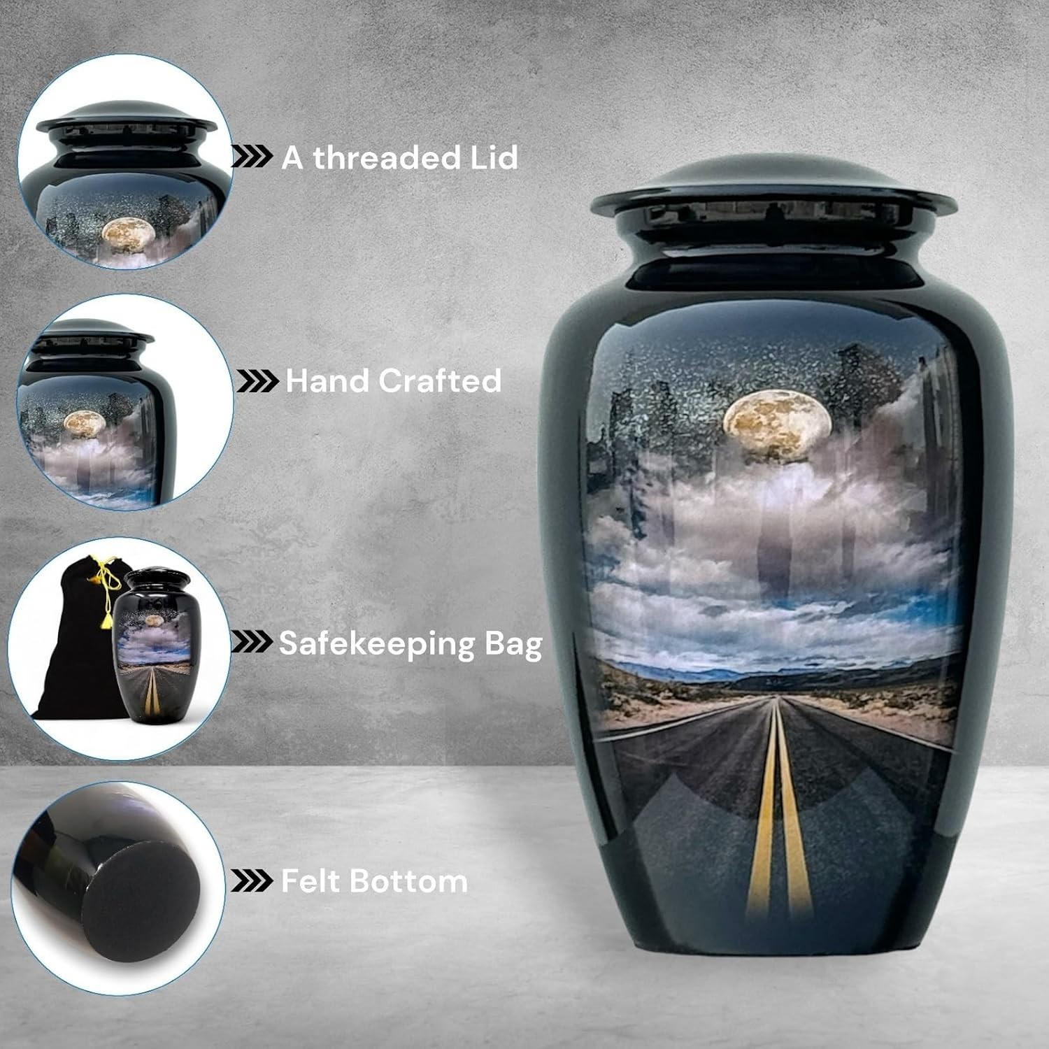 10.5” Road Path Cremation Urn Adult Large Black Urn for Human Ashes with Bag