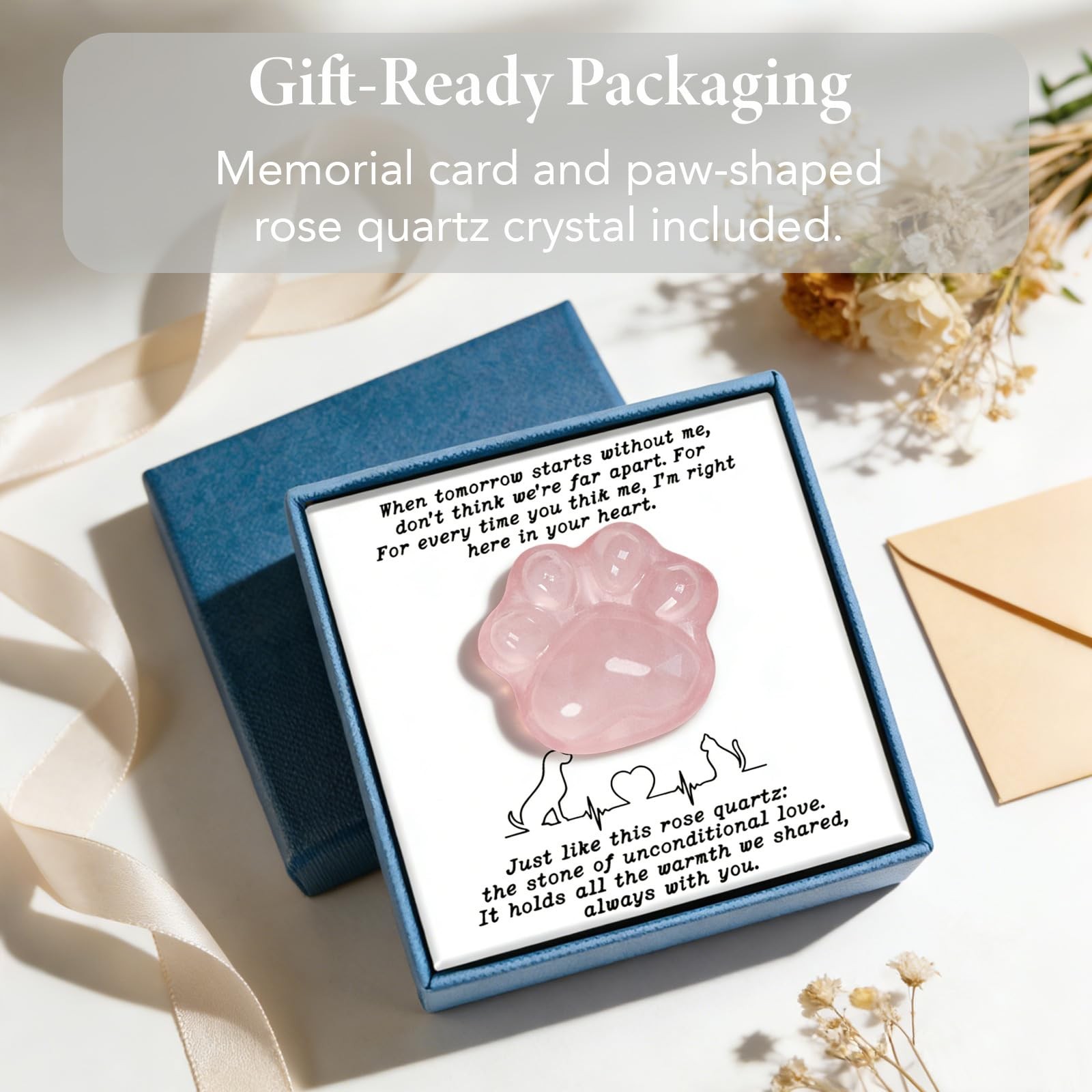 LIMGUVK Pet Loss Sympathy Gift, Rose Quartz Paw Heart Crystal with Pink