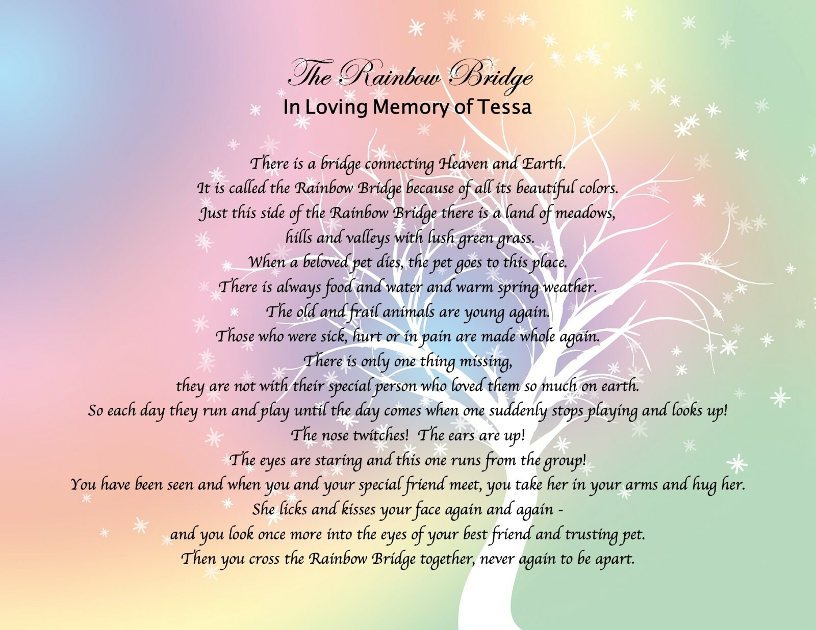 Pet Memorial Poem RAINBOW BRIDGE Personalized UNFRAMED Art Print Gift Dog, Cat