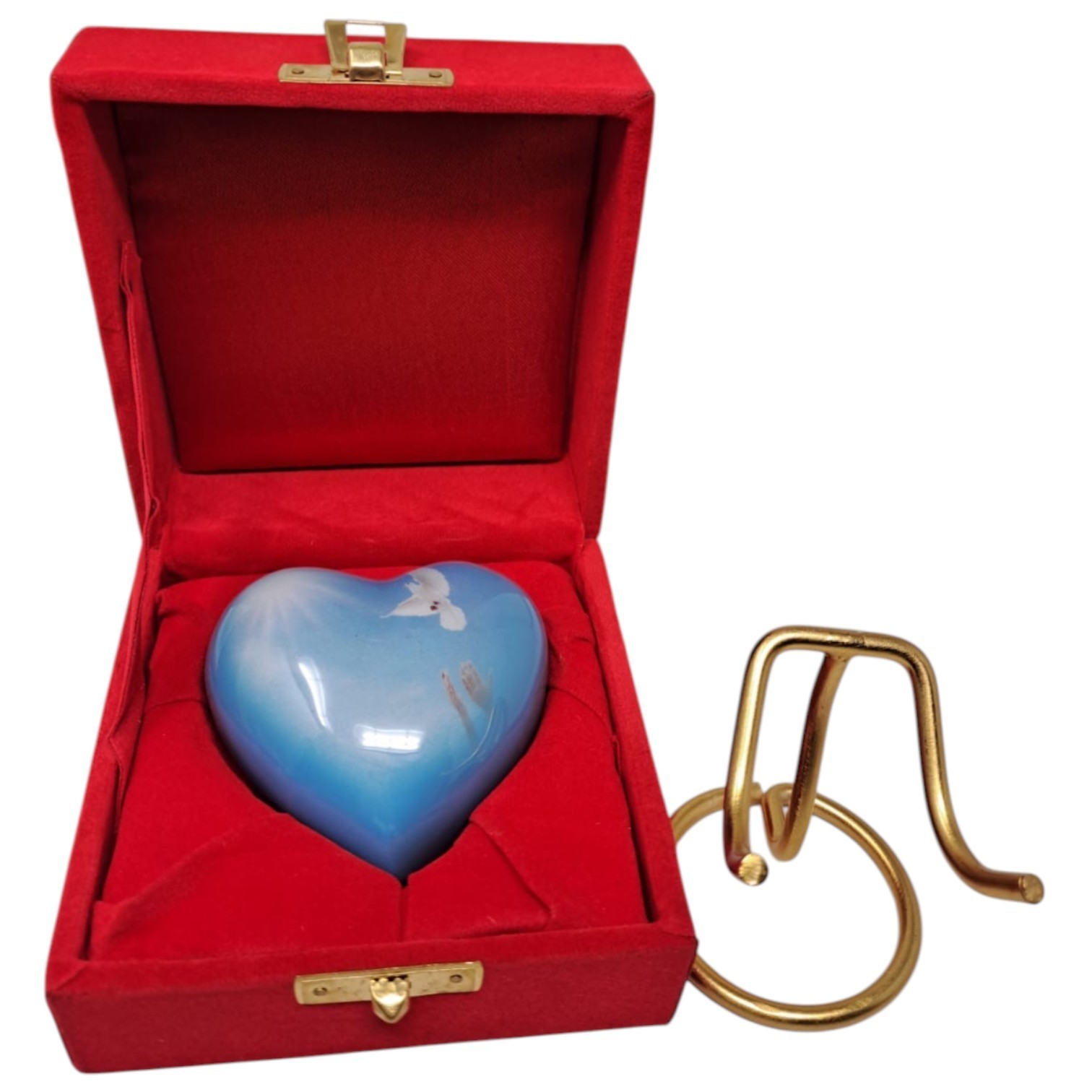 Blue Heart Keepsake Urn for Ashes 3 CI Mini Memorial Urn 2.9″ w/ Stand & Velvet