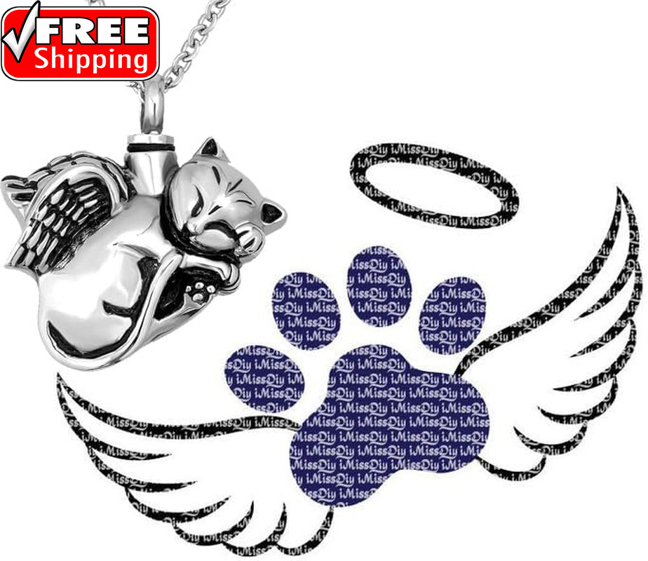 Cute Angel Cat Pet Urn Necklace for Ashes Cremation Jewelry Memorial Animal Stai