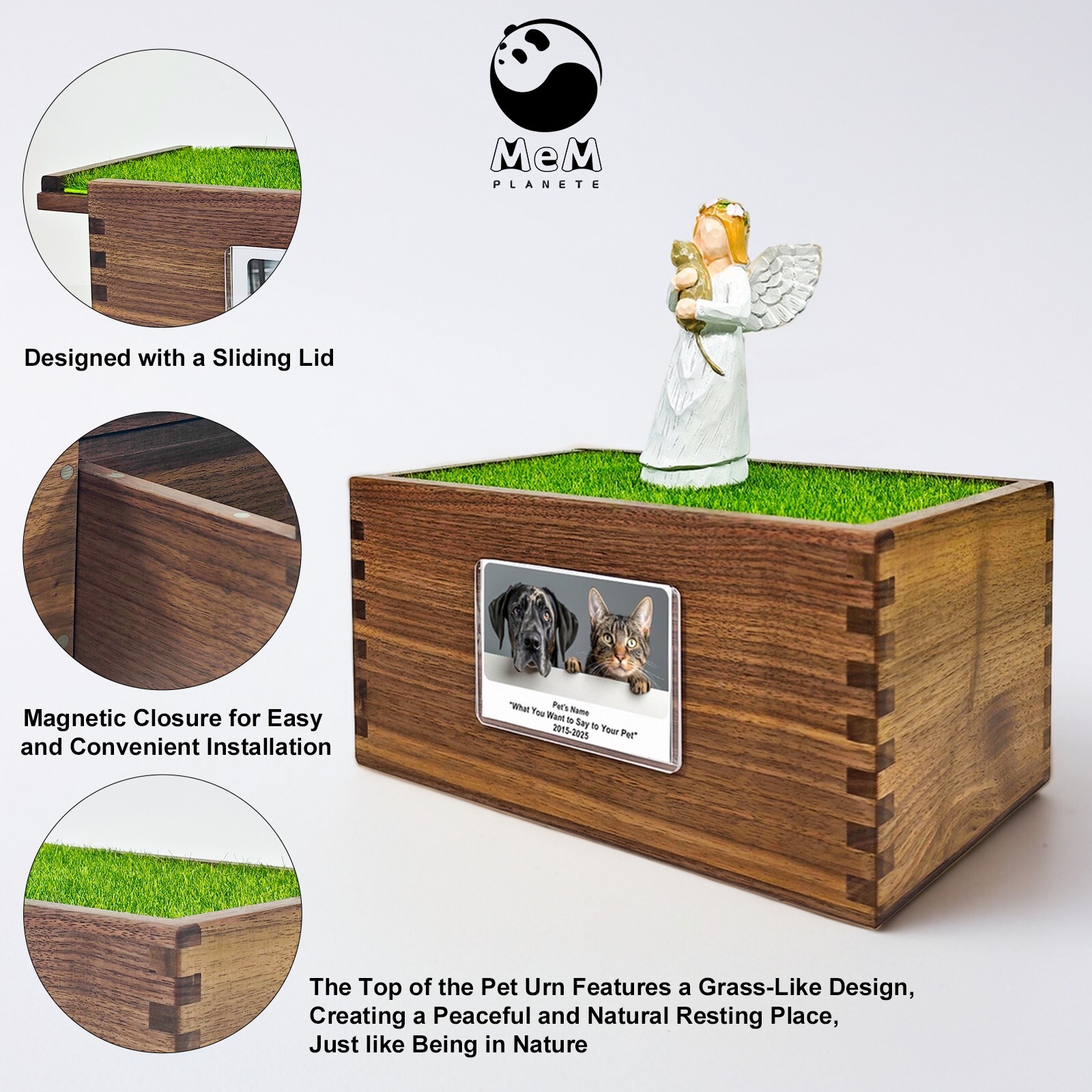 Cat Pet Memorial Urn Black Walnut Material With Photo Frame And Angel Sculpture