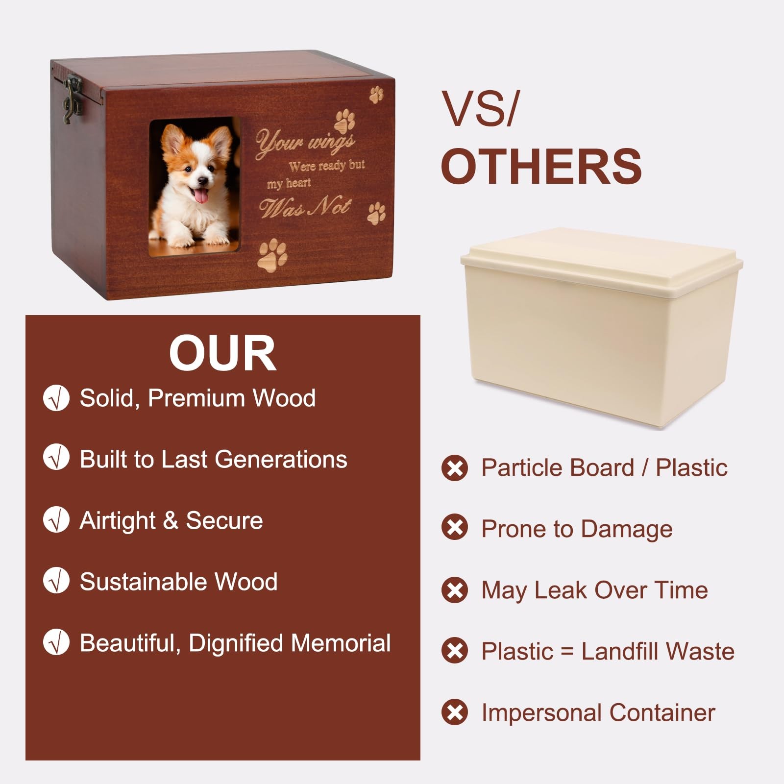 Pet Memorial Urns for Dog or Cat Ashes, Large Wooden Funeral Brown