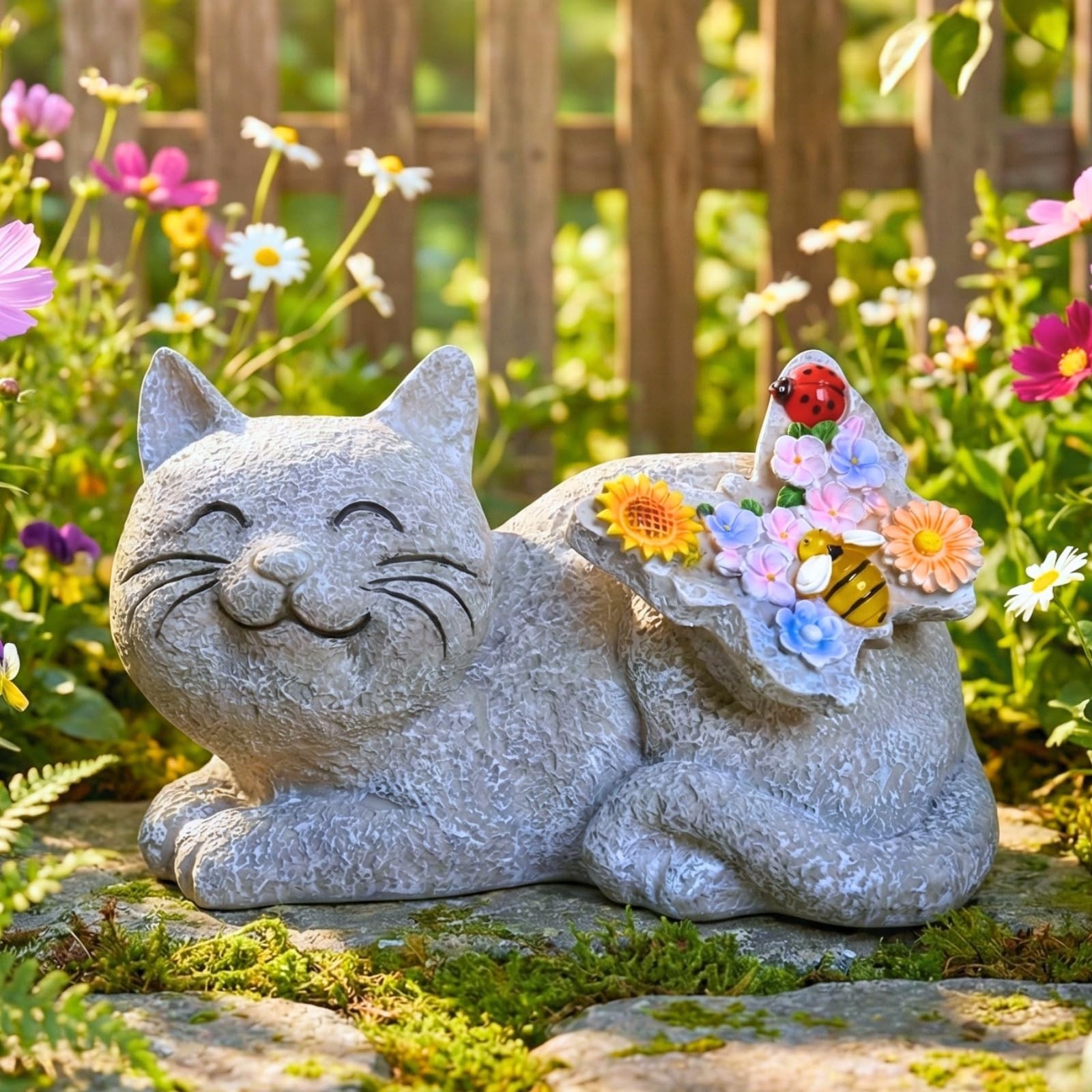 Solar Cat Garden Statue with LED Lights, Waterproof Resin Outdoor Cat Decor, …