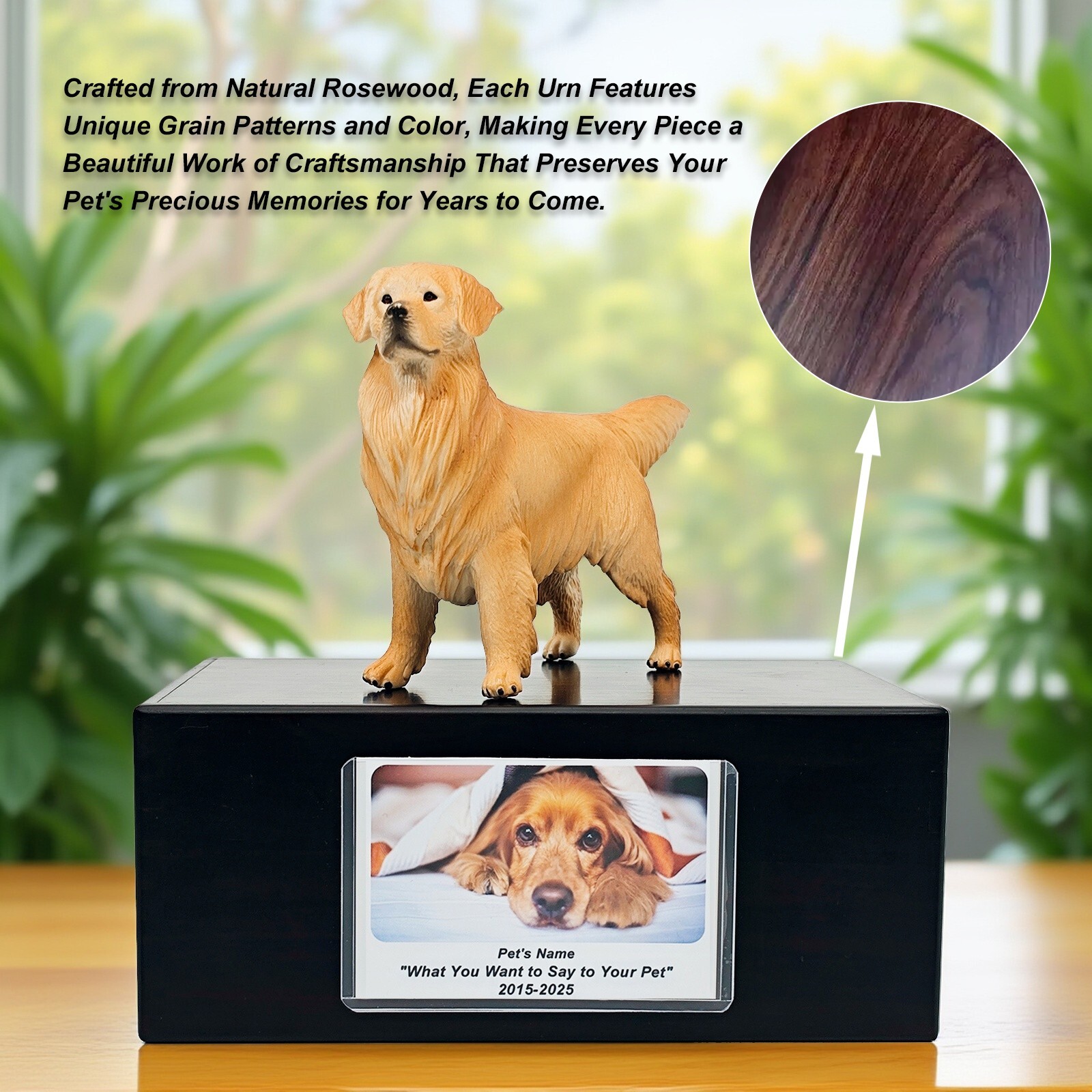 Golden Retriever Model Pet Urn Rosewood Solid Wood With Photo Frame Memorial
