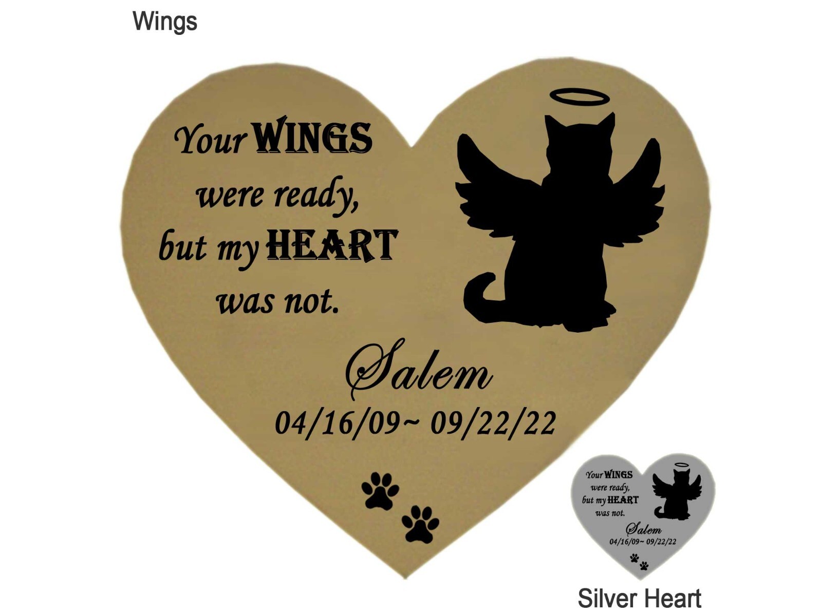 Cat Memorial Engraved Heart Shape Plates Pet Loss – Gold or Silver – 2 Sizes