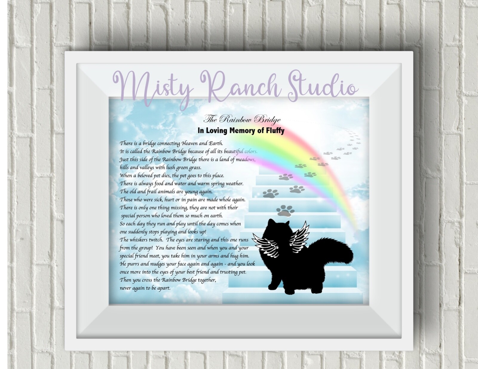 Cat Memorial Poem THE RAINBOW BRIDGE Personalized Art Print Gift. Comes UNFRAMED