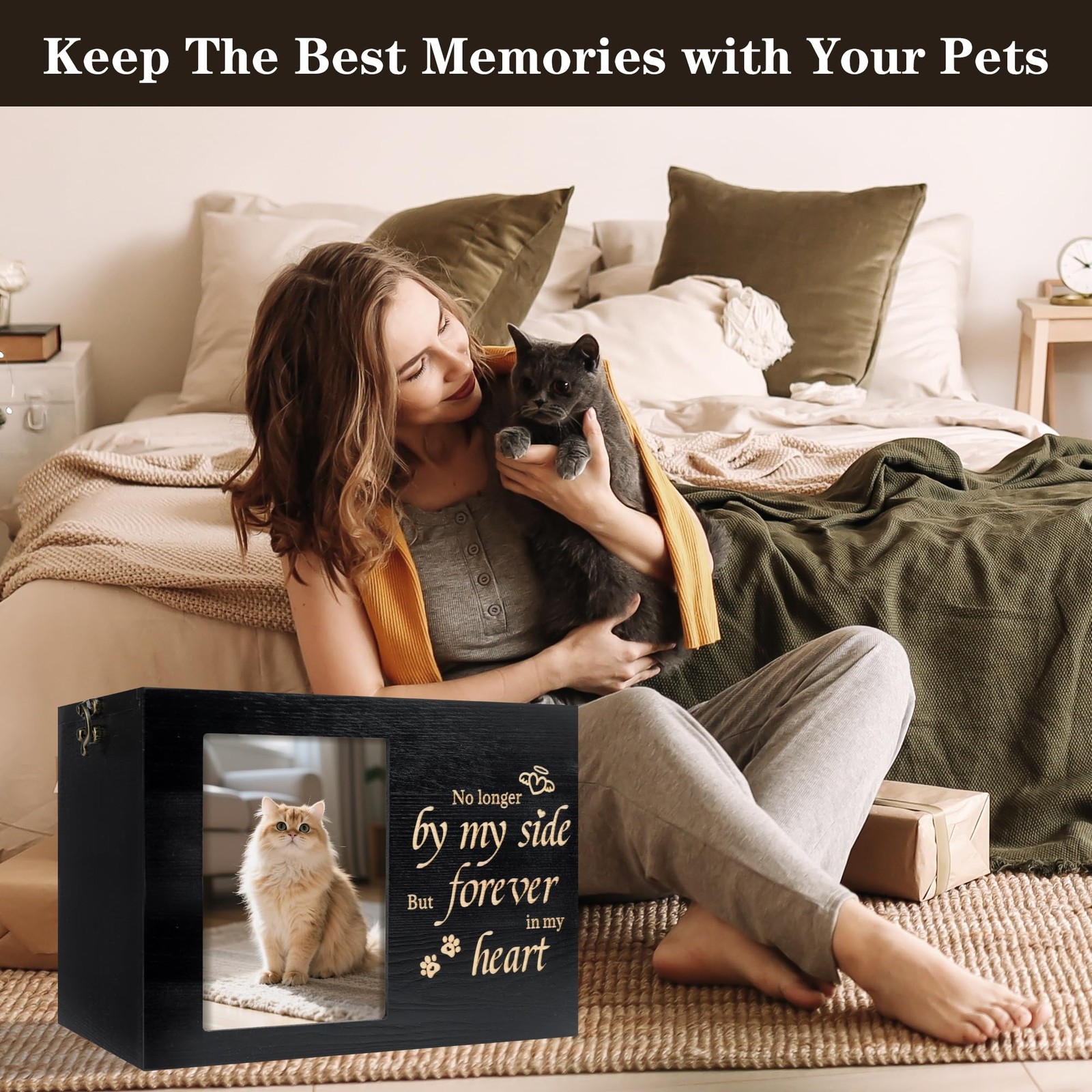 Pet Urns for Cats or Dogs Ashes with Photo Frame, Wooden Memory Box for Keepsake
