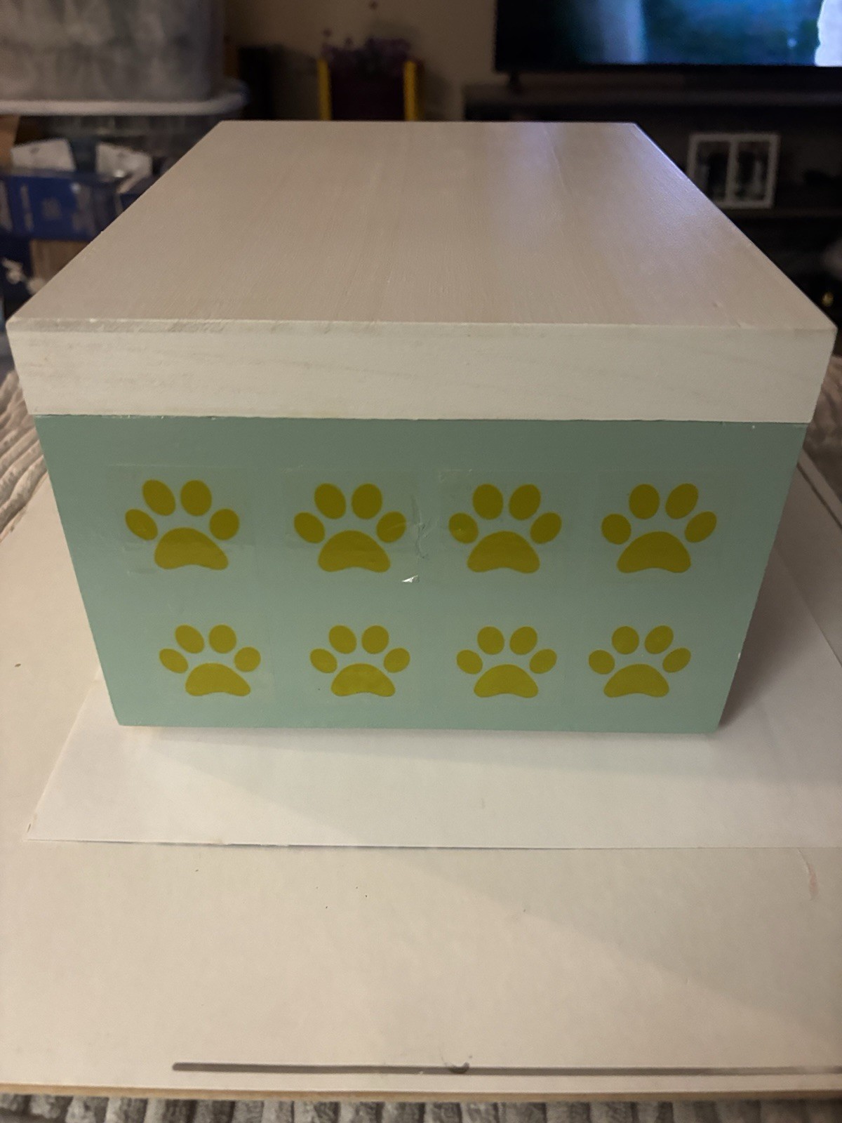 Pet Cremation Box-Yellow Paws On Green And White-Free Mini Urn With Every Box