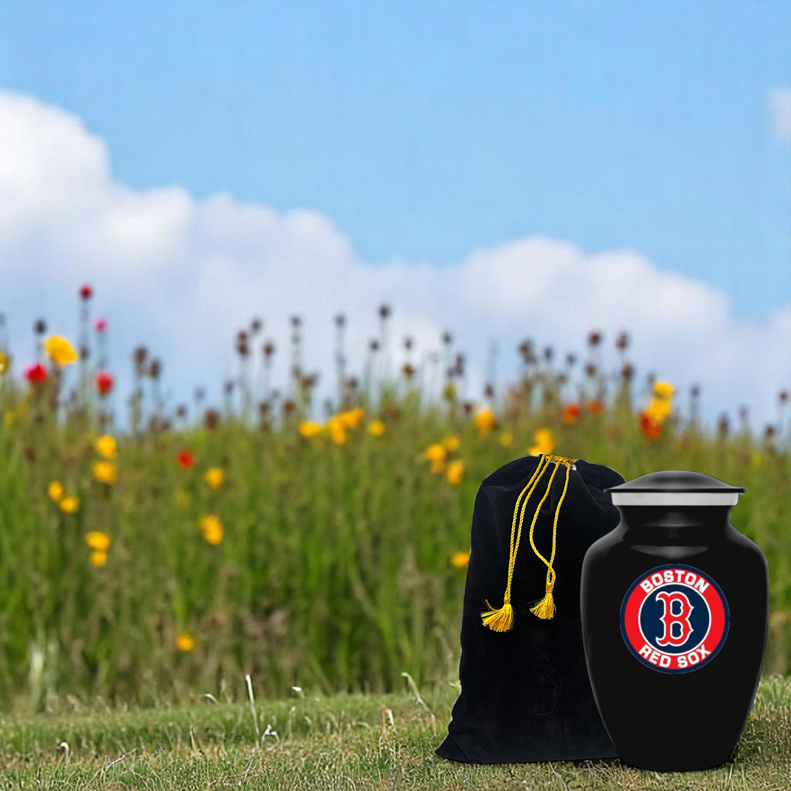 Black Metal Boston Red Sox Baseball Style Cremation Urn Adult Ashes 8 Inch Urns