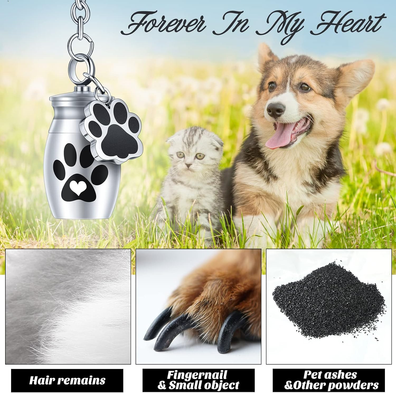 2 Pcs Pet Dog Urns Keychain for Ashes with 2 Storage Bags Small Cat Cremation Ke