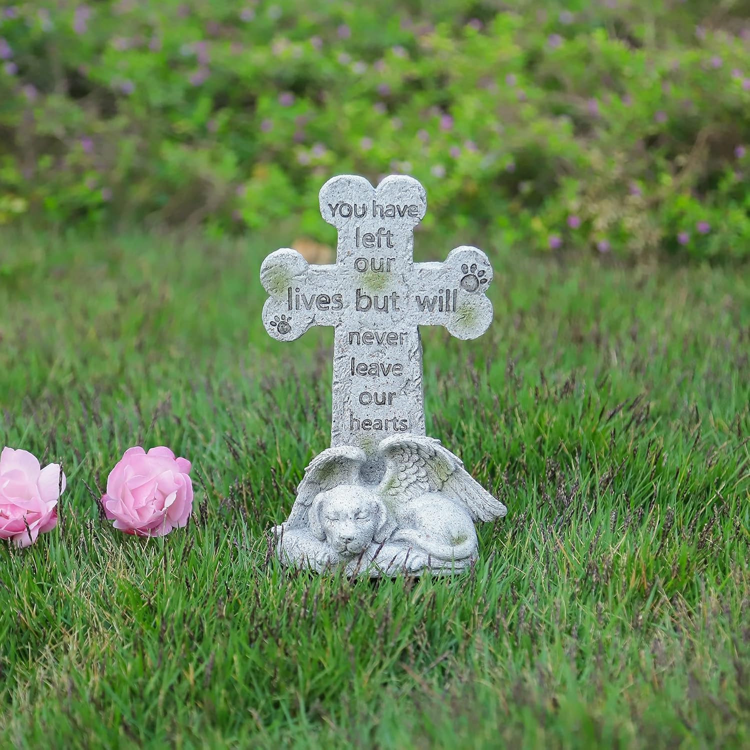Memorial Statue – Sleeping Dog Angel Cross Tombstone, Grave Marker for Deceased