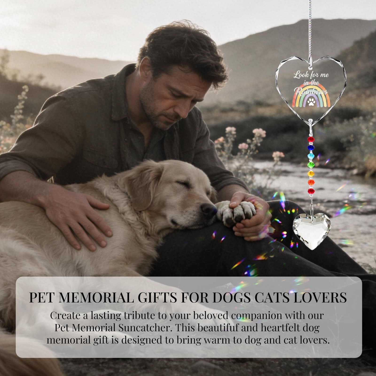 Pet Memorial Gifts for Dogs Cats – Look for me in the Rainbows Crystal Suncat…