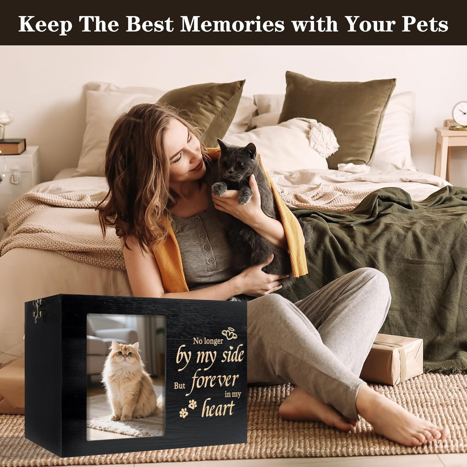 Pet Urns for Cats or Dogs Ashes with Photo Frame, Wooden Memory Box for Keepsake