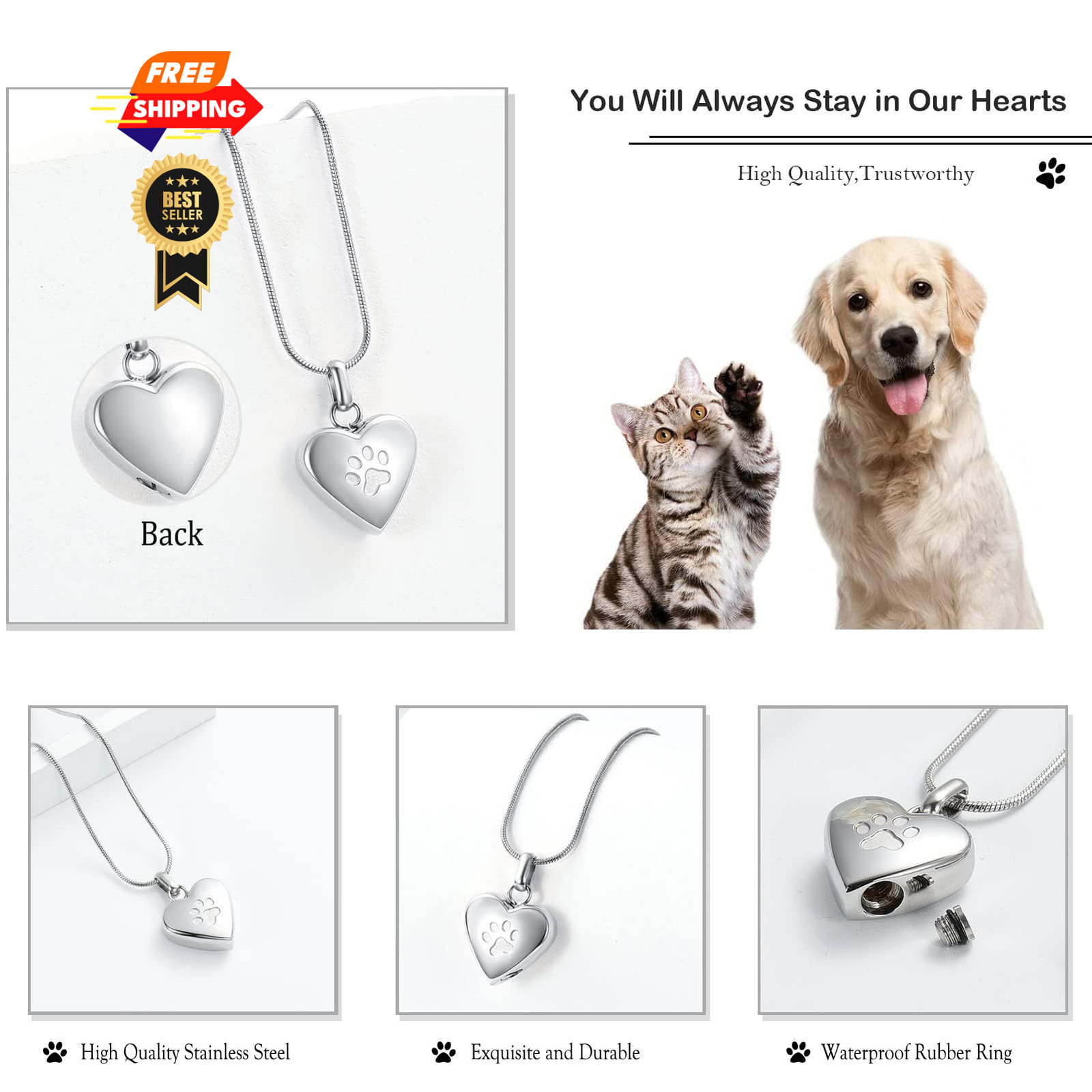 zeqingjw Pet Cremation Jewelry for Ashes Pendant Paw Small, Heart-Silver