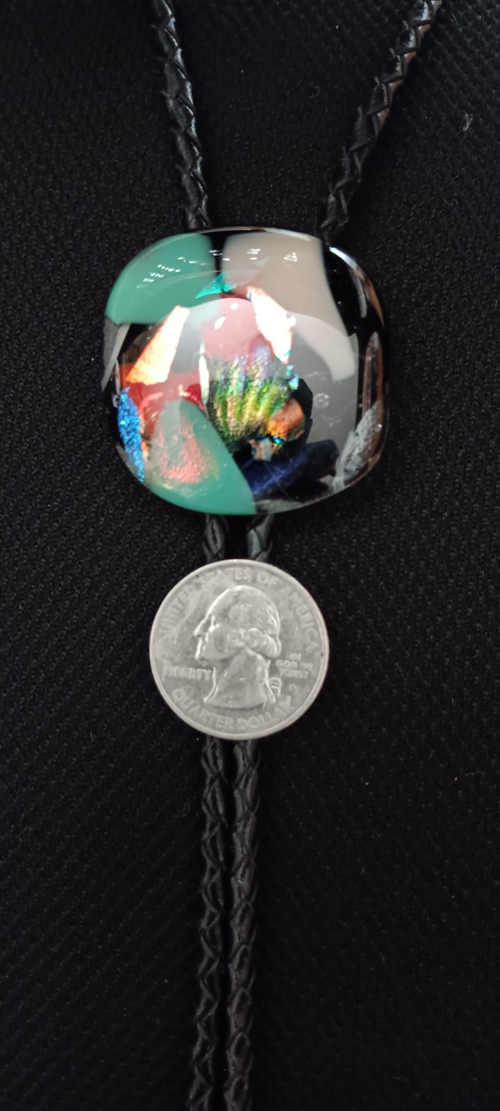Dichroic Bolo for Pet Cremation Urn | Memorial Bolo | Black Genuine Leather
