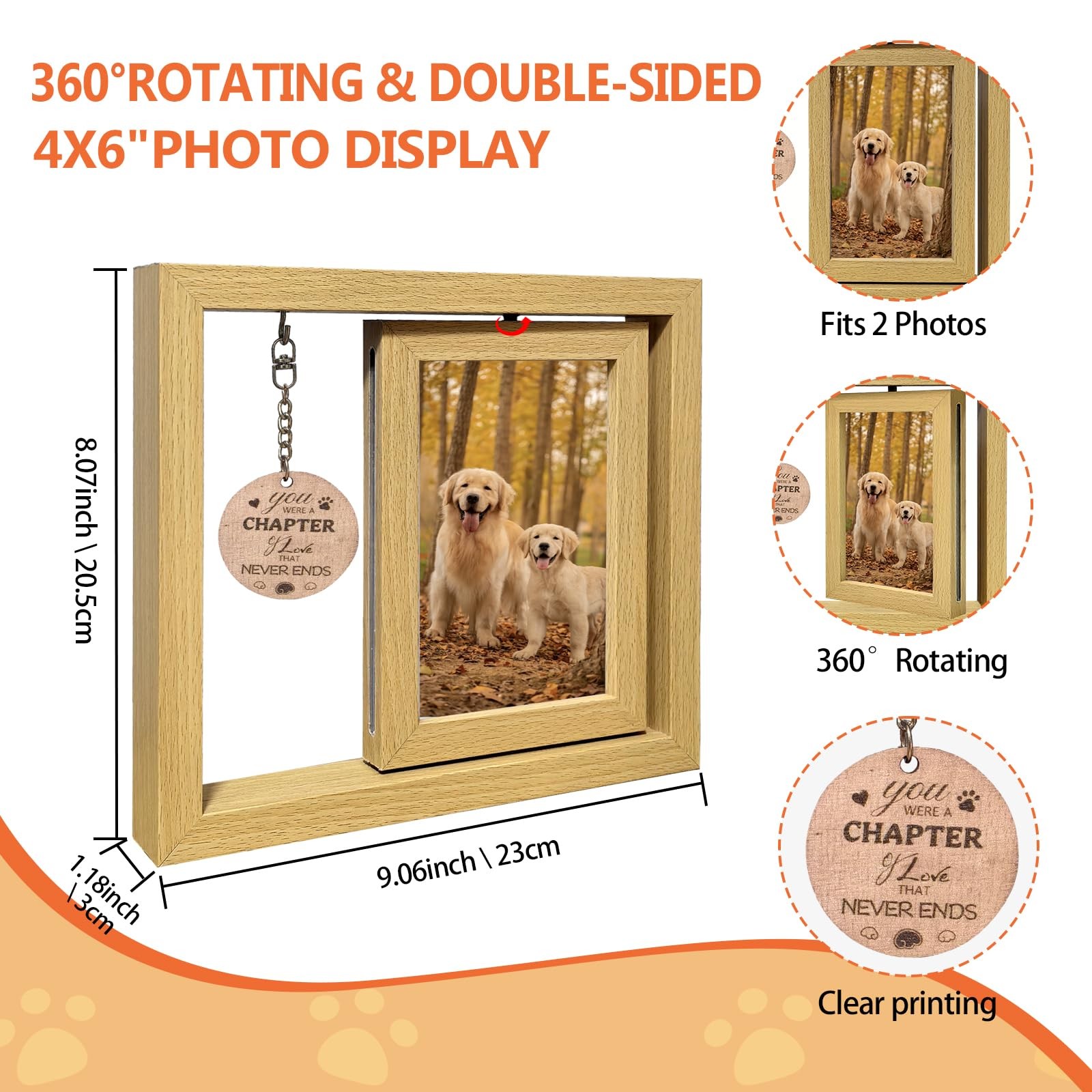 Komkoc Handcrafted Wooden Dog Memorial Picture Rotating Frame For 4X6 Photos-