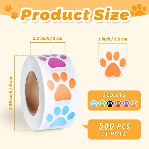500 Pcs Paw Print Sticker, 1″ Colorful Cute Dog Cat Paw Sticker Small 6 Colors