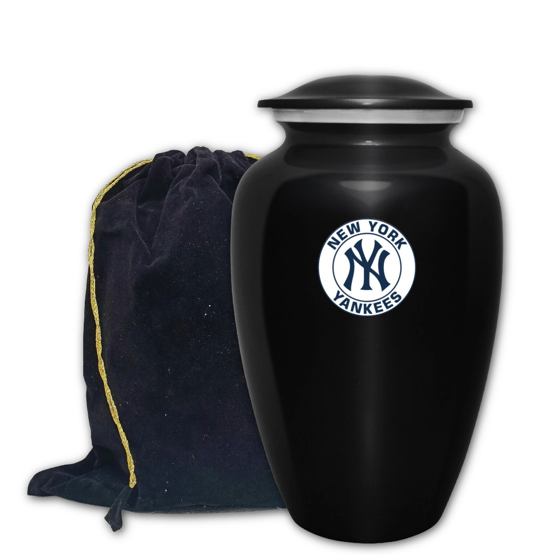 Large New York Yankee Baseball Theme Cremation Black Urn Adult Human Ashes w/Bag