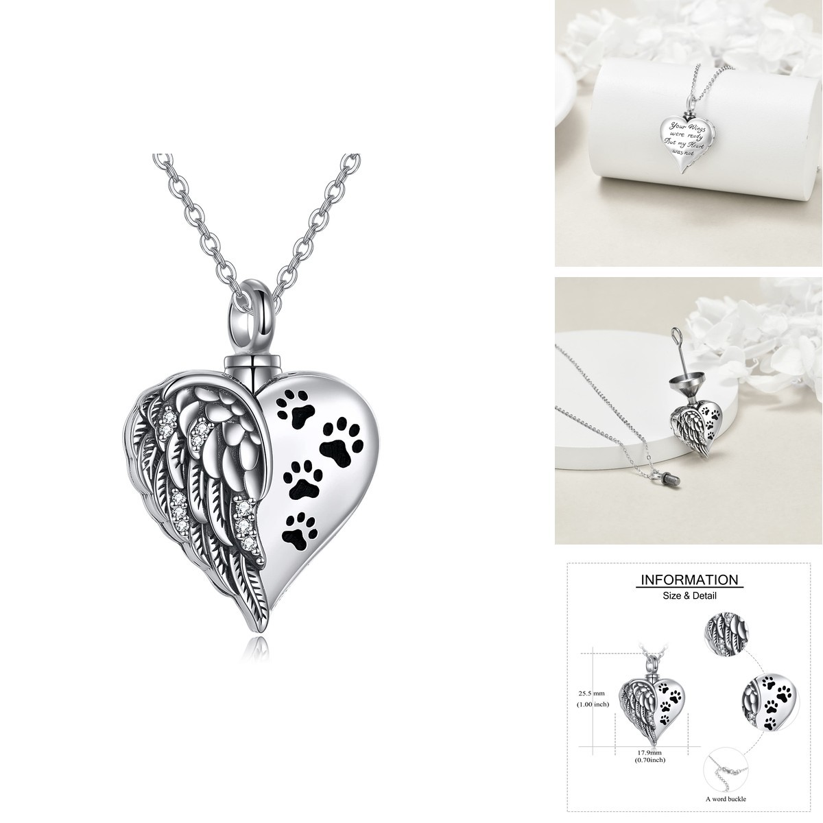 Yfn Sterling Silver Cat Dog Guardian Angel Wings Urn Necklaces For Ashes Pet