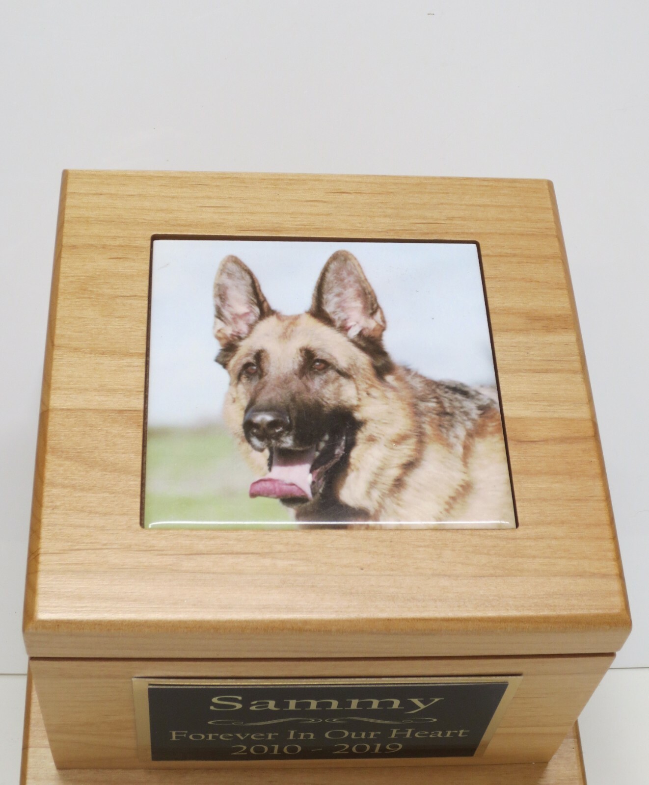 Beautiful Red Alder Large Dog Pet Urn Custom Tile Photo & Engraved Tag