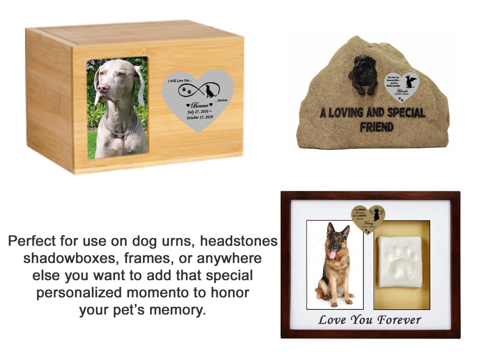 Dog Name Plate Engraved Memorial Heart Shape Pet Loss – Gold or Silver – 2 Sizes
