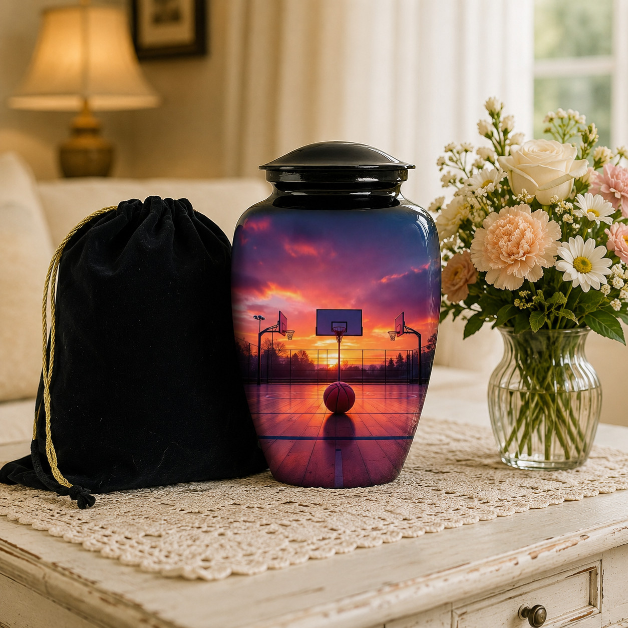 Large Black Basketball Cremation Urn Human Ashes for Your Love Ones Earns w/Bag