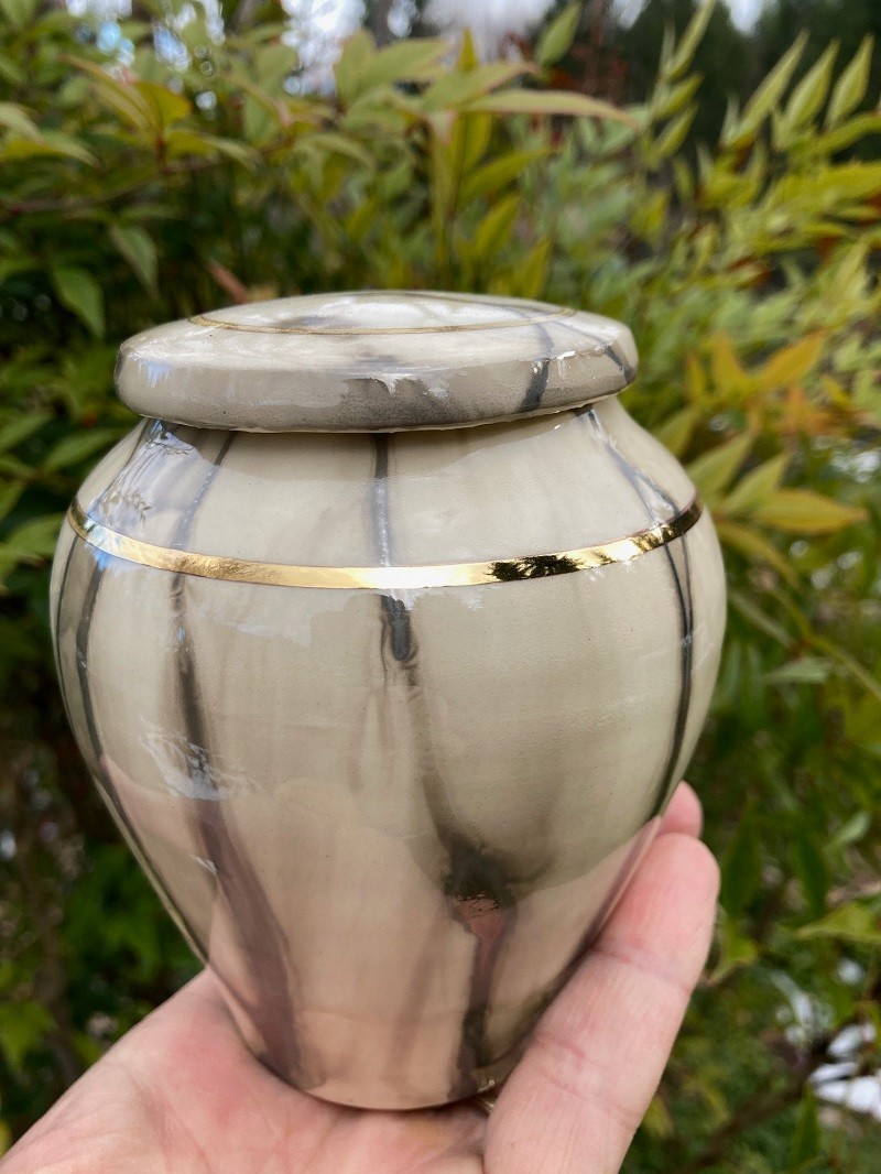 Handmade Ceramic Cremation Urn in Yellow w/MOP, small size for pet ashes 50 ci