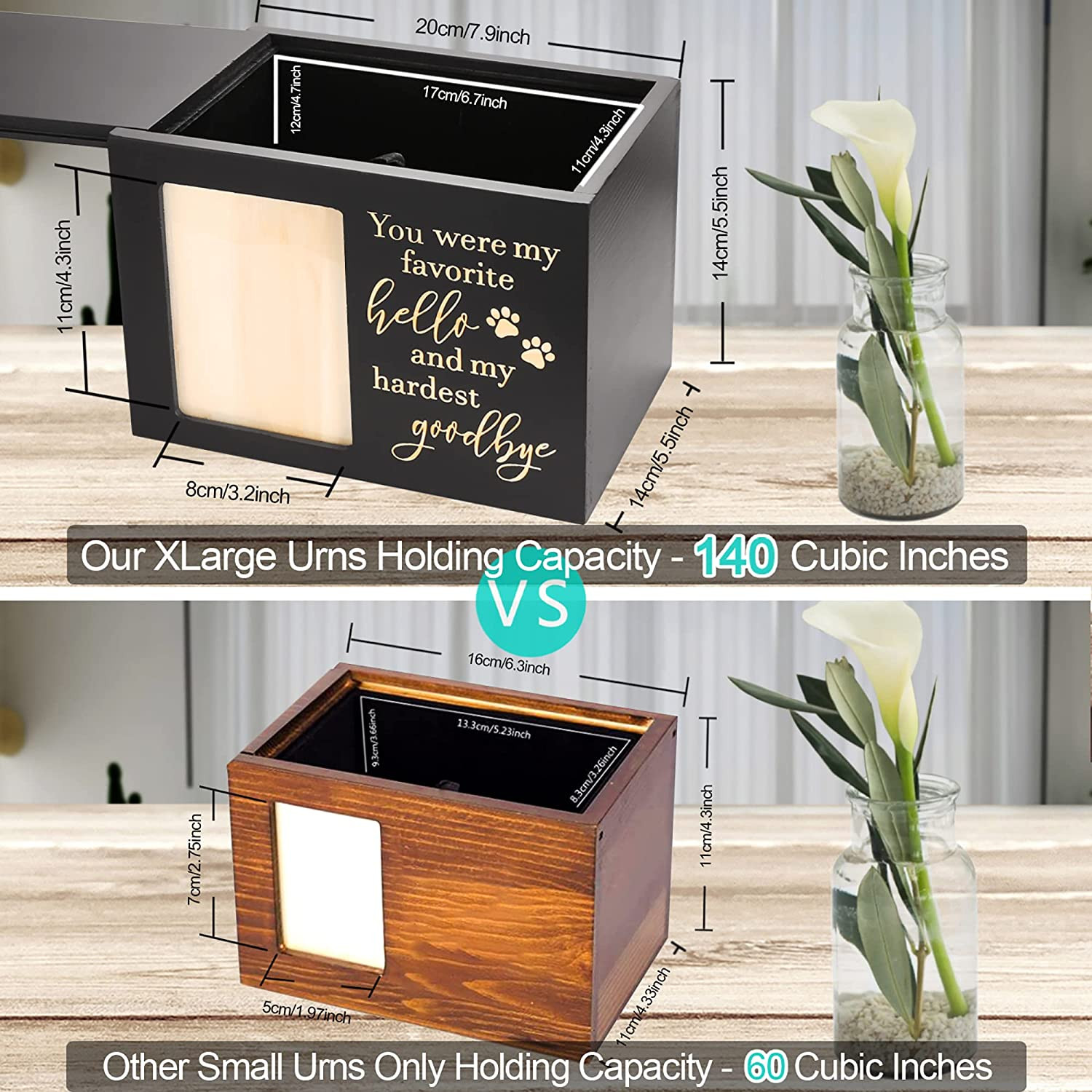 Pet Memorial Urns for Dog or Cat Ashes, Xlarge Wooden Funeral Cremation Urns wit