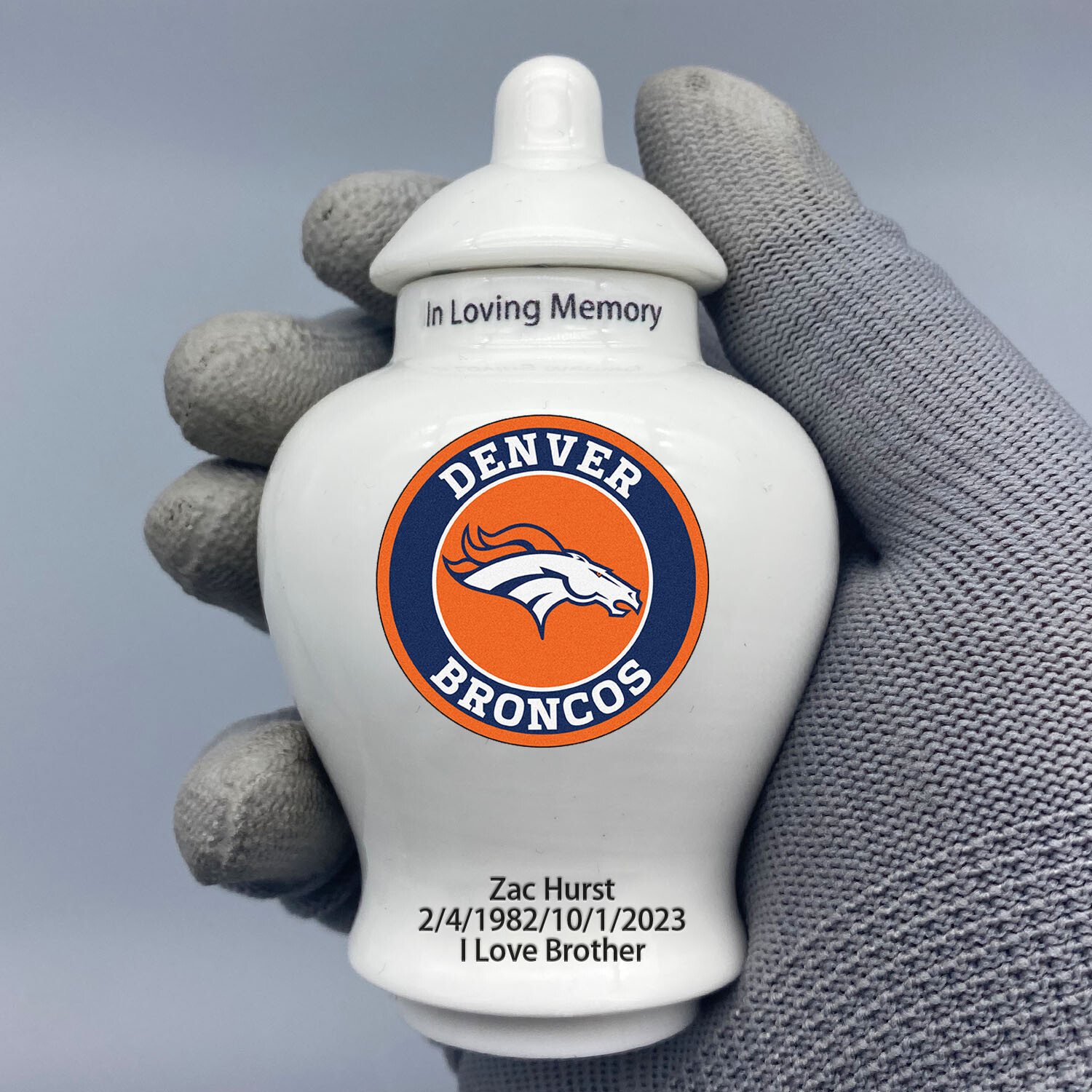 Ceramic Football Urn – Denver Broncos Theme, Custom Text