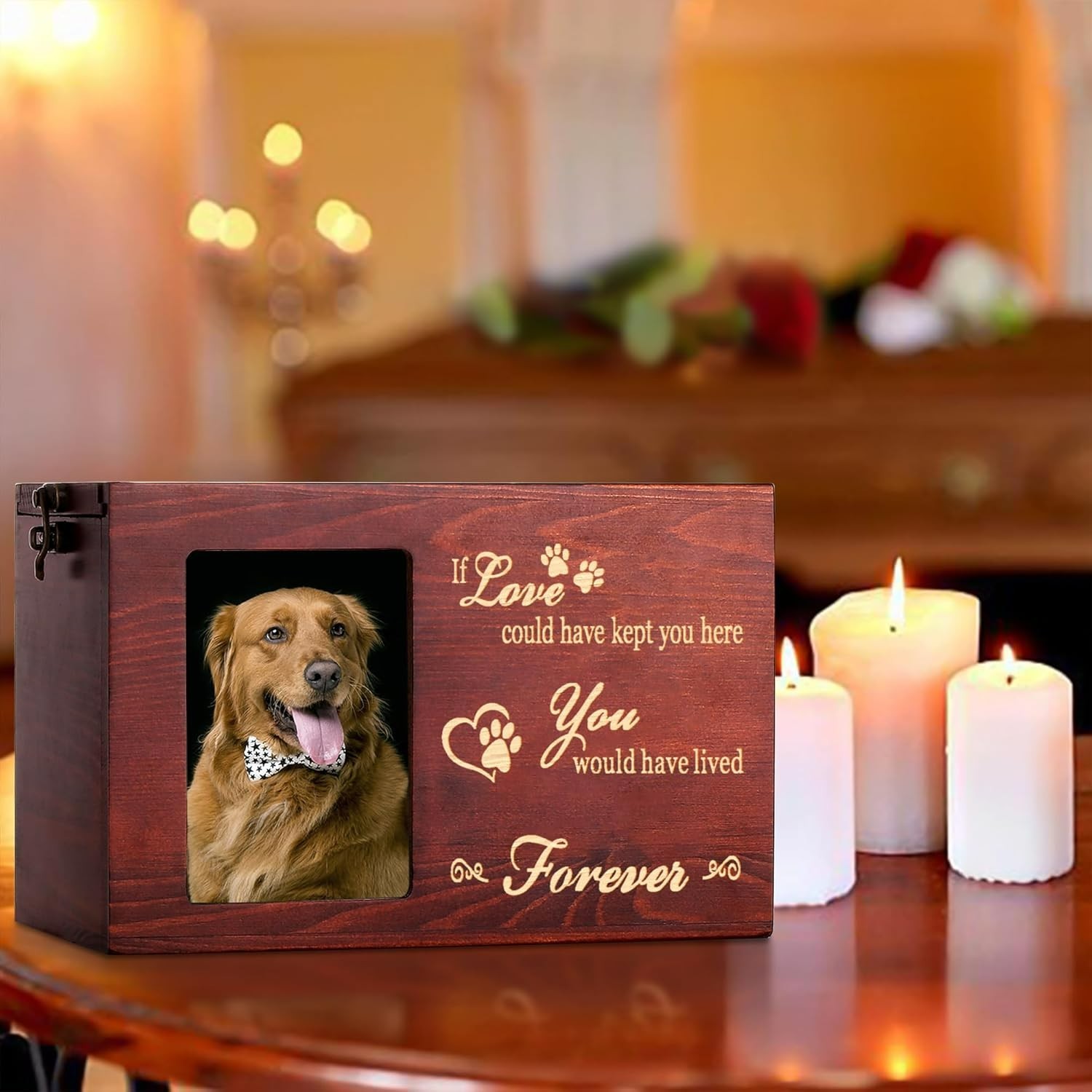 Handcrafted Wooden Pet Cremation Urn with Photo Frame – 140 Cubic Inches